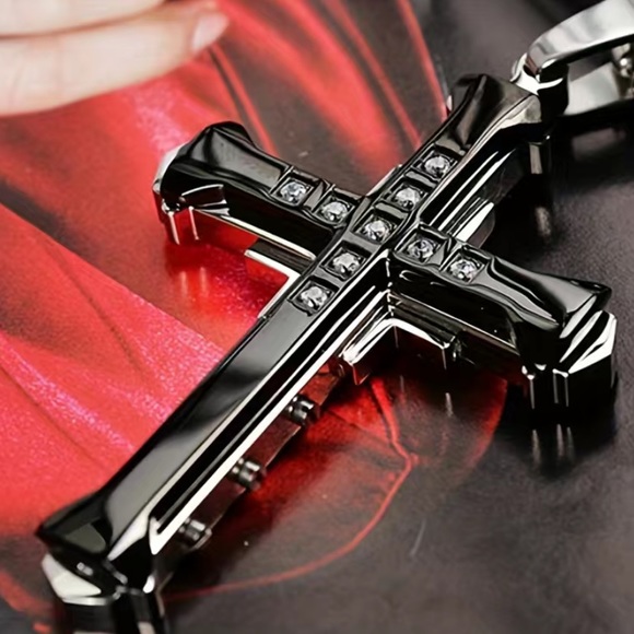 Black Layered CZ Cross Necklace - Picture 8 of 9